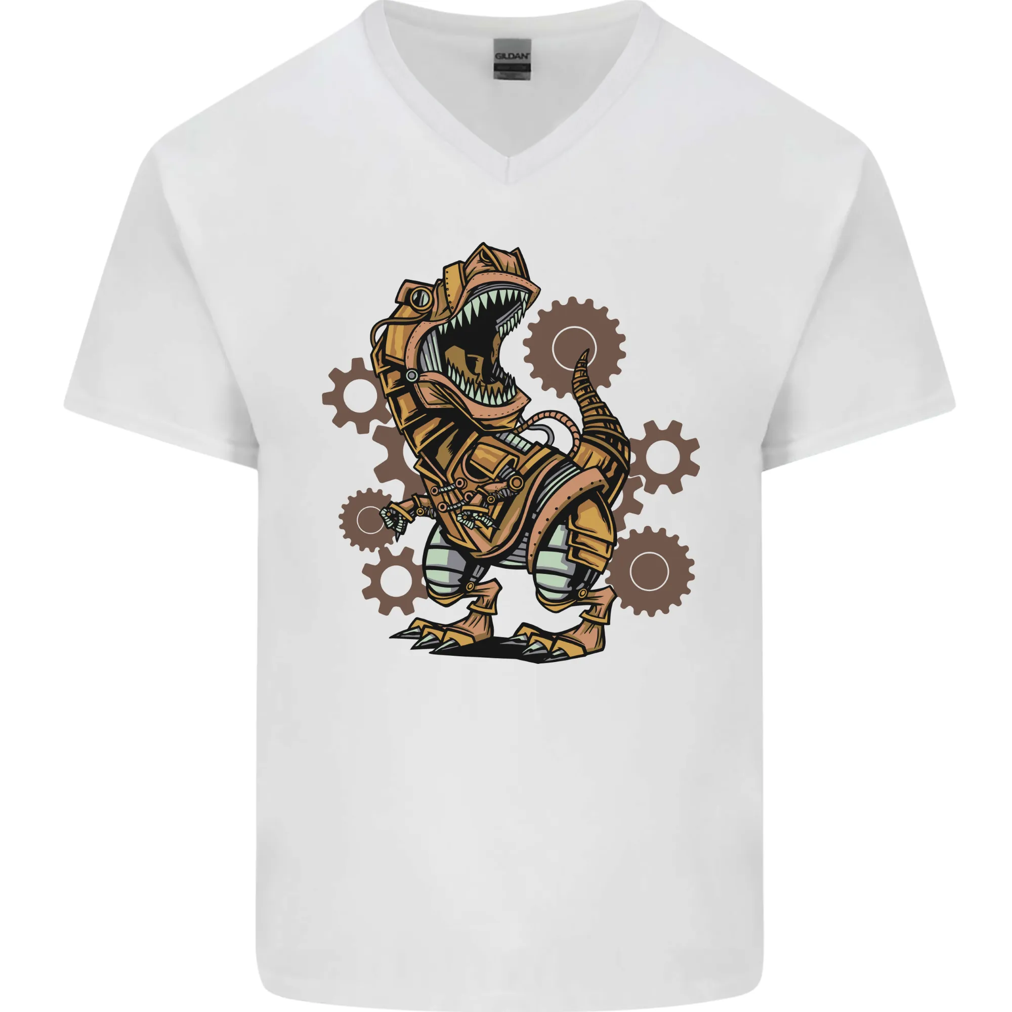 Steampunk T-Rex Dinosaur Mens V-Neck Cotton T-Shirt