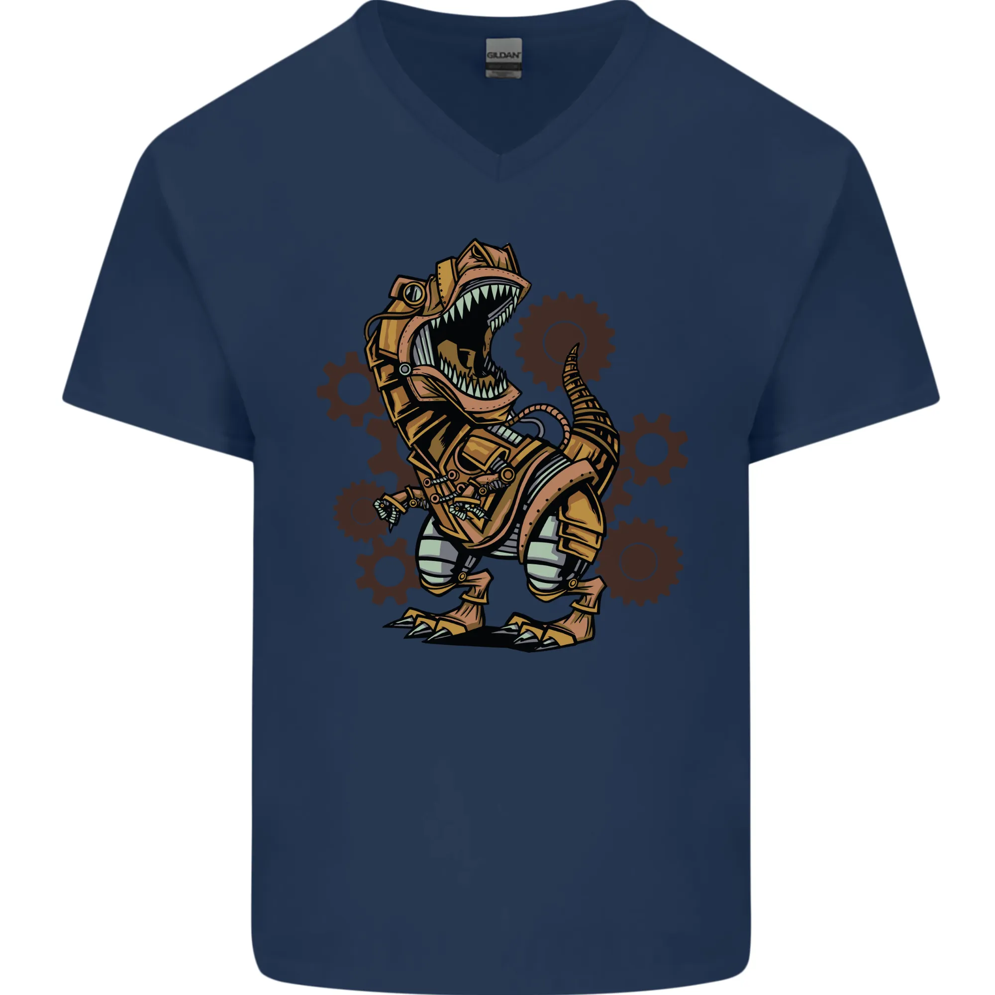 Steampunk T-Rex Dinosaur Mens V-Neck Cotton T-Shirt