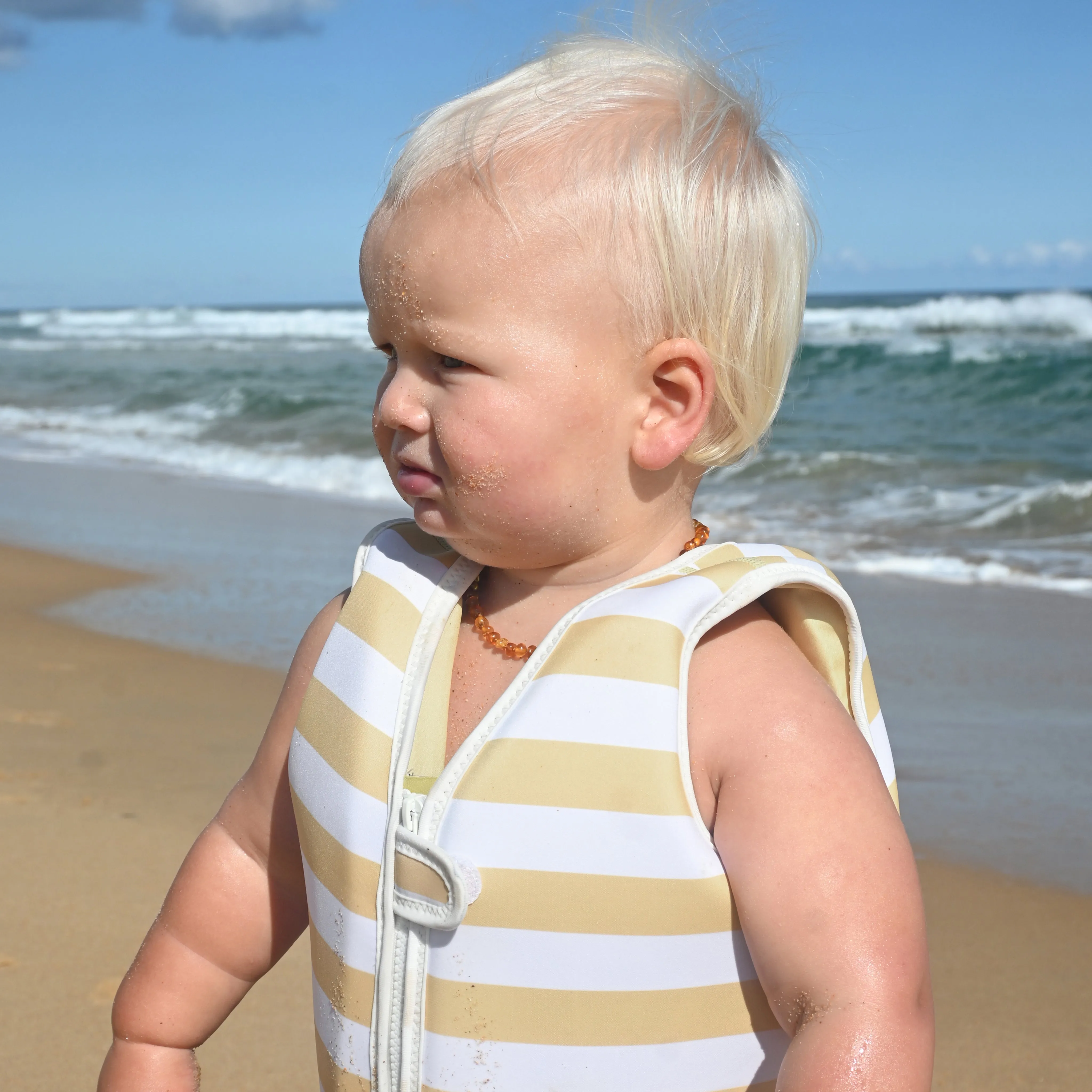SUNNYLiFE Kids Swim Vest Sid The Seagull Mustard Stripe