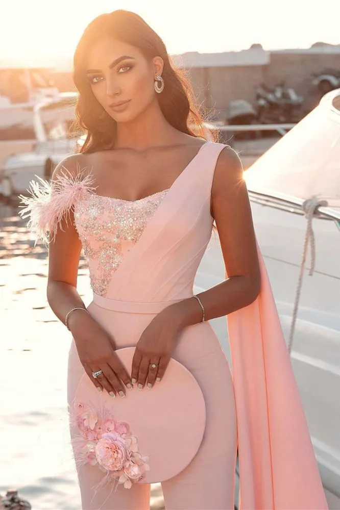 Sweetheart Sheath Sleeveless Slim Jumpsuit Beaded Feather Floor Length with Cape