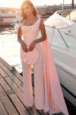 Sweetheart Sheath Sleeveless Slim Jumpsuit Beaded Feather Floor Length with Cape