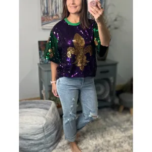 “The Krewe” Mardi Gras Sequined Fleur de Lis Short Sleeve Parade Festival Purple Green Gold