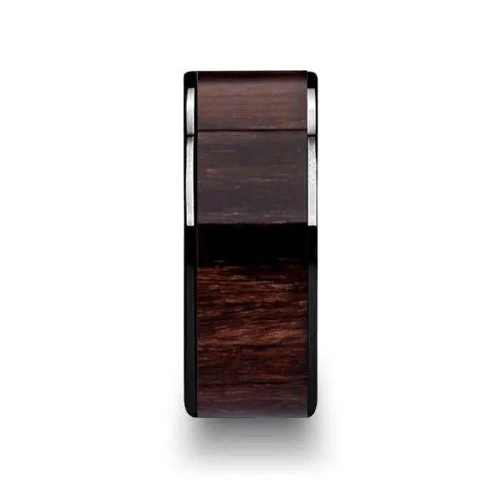 Thorsten KENDO Black Ceramic Polished Finish Ring with Black Walnut Wood Inlay - 6mm - 10mm