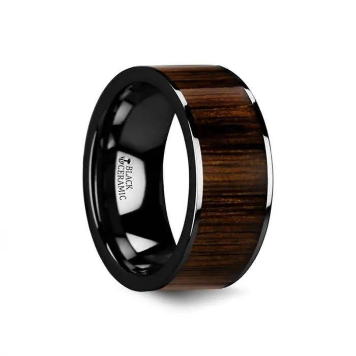 Thorsten KENDO Black Ceramic Polished Finish Ring with Black Walnut Wood Inlay - 6mm - 10mm
