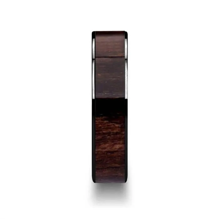 Thorsten KENDO Black Ceramic Polished Finish Ring with Black Walnut Wood Inlay - 6mm - 10mm