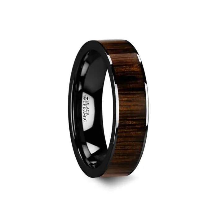 Thorsten KENDO Black Ceramic Polished Finish Ring with Black Walnut Wood Inlay - 6mm - 10mm