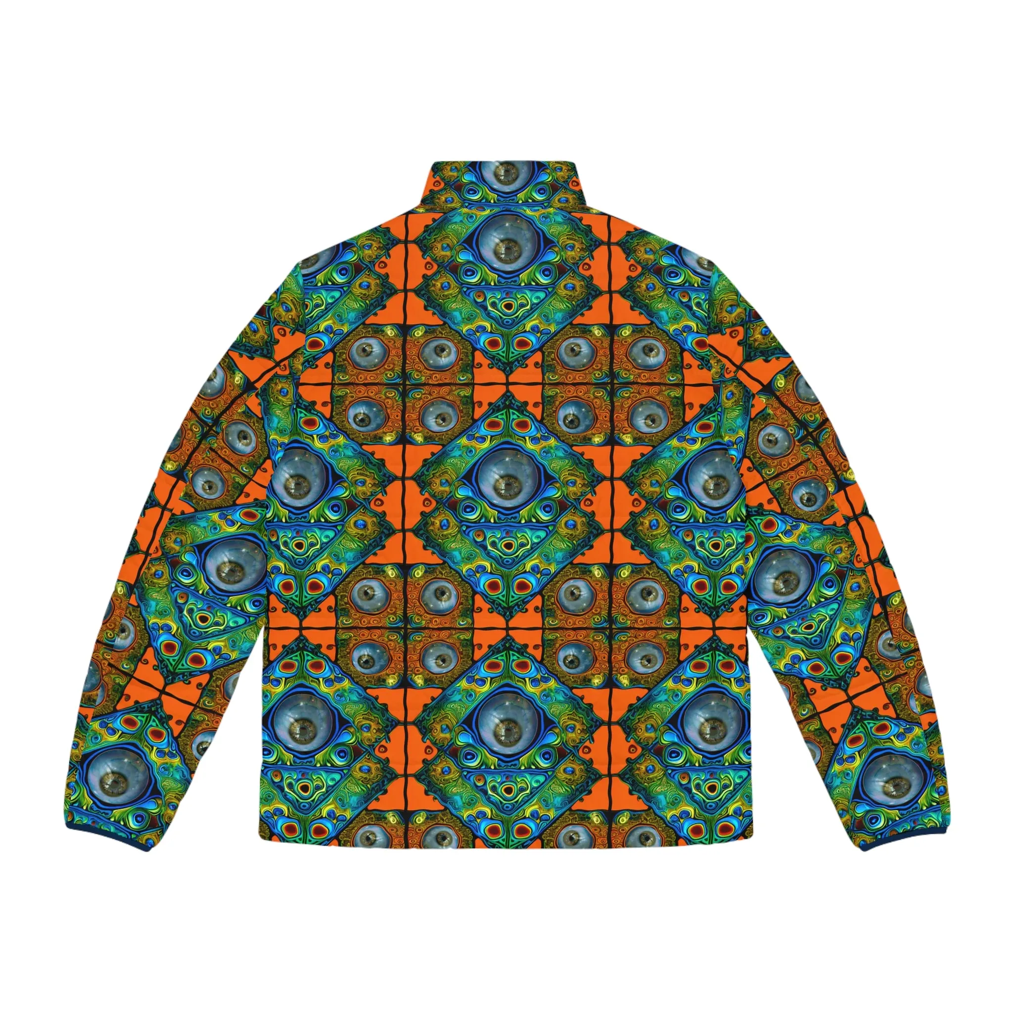 Tiles 01 Men's Puffer Jacket – Bold Geometric Psychedelic Eye Motif Festival Outerwear