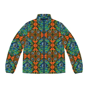 Tiles 01 Men's Puffer Jacket – Bold Geometric Psychedelic Eye Motif Festival Outerwear