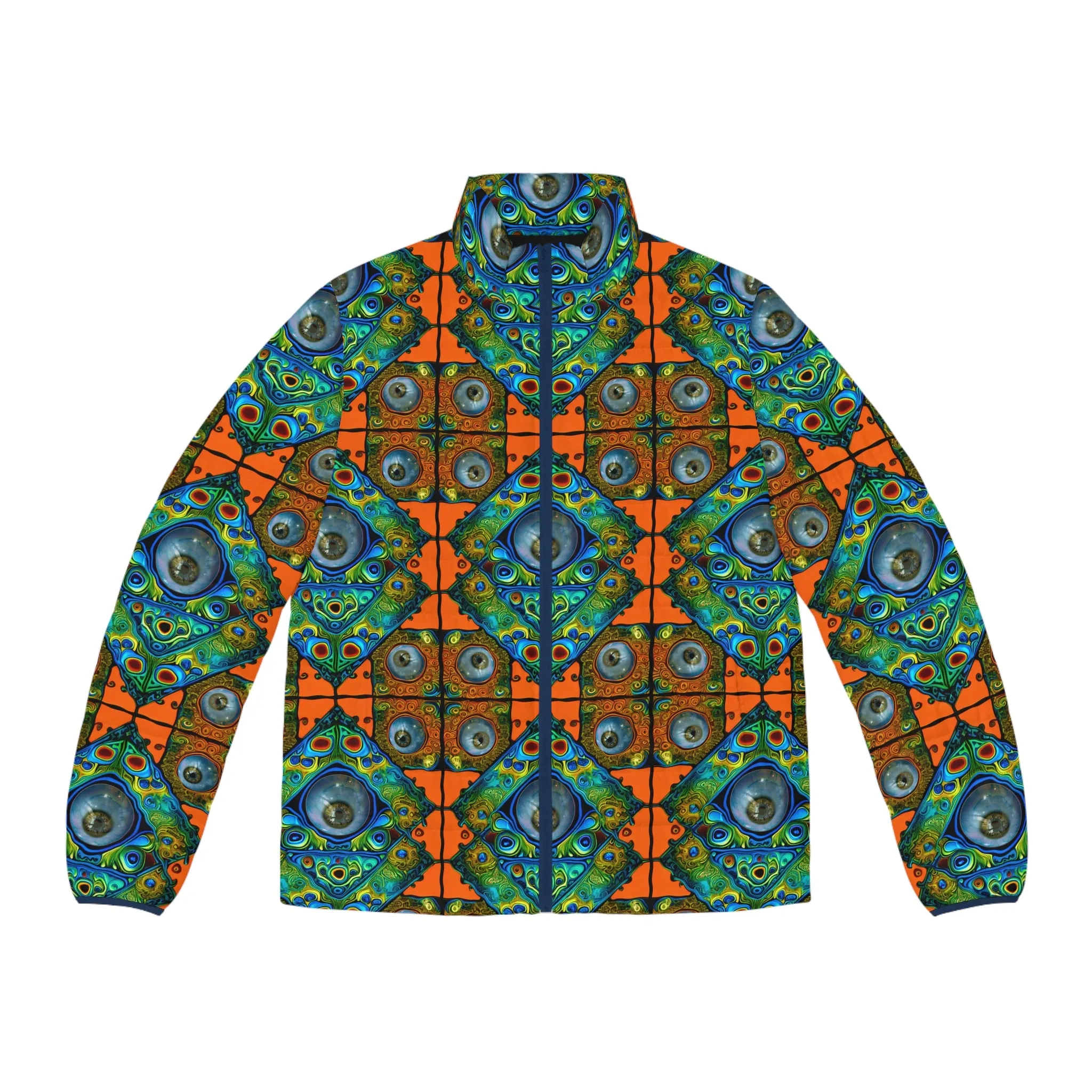 Tiles 01 Men's Puffer Jacket – Bold Geometric Psychedelic Eye Motif Festival Outerwear