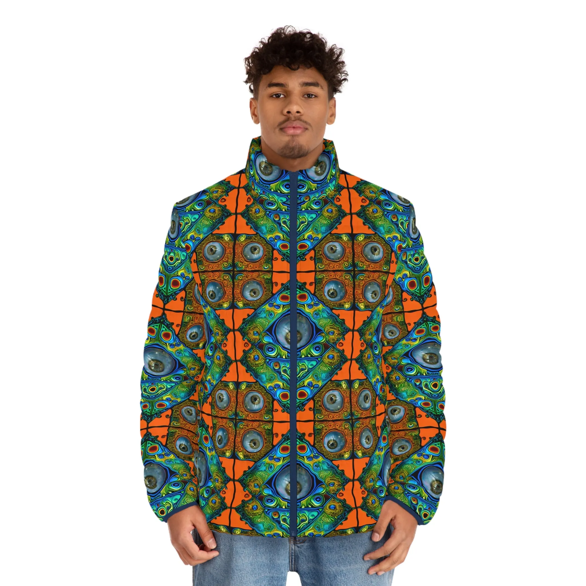 Tiles 01 Men's Puffer Jacket – Bold Geometric Psychedelic Eye Motif Festival Outerwear
