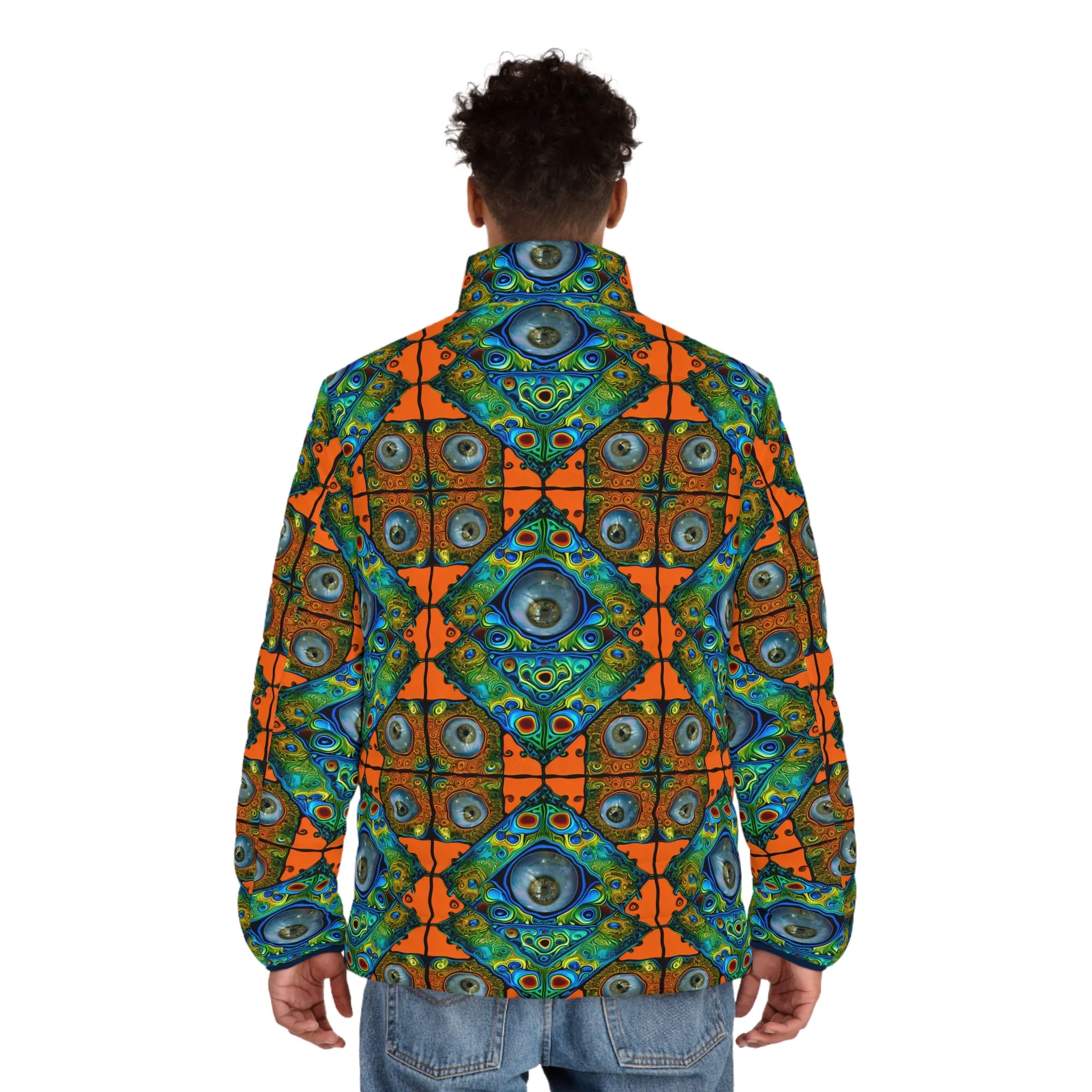 Tiles 01 Men's Puffer Jacket – Bold Geometric Psychedelic Eye Motif Festival Outerwear