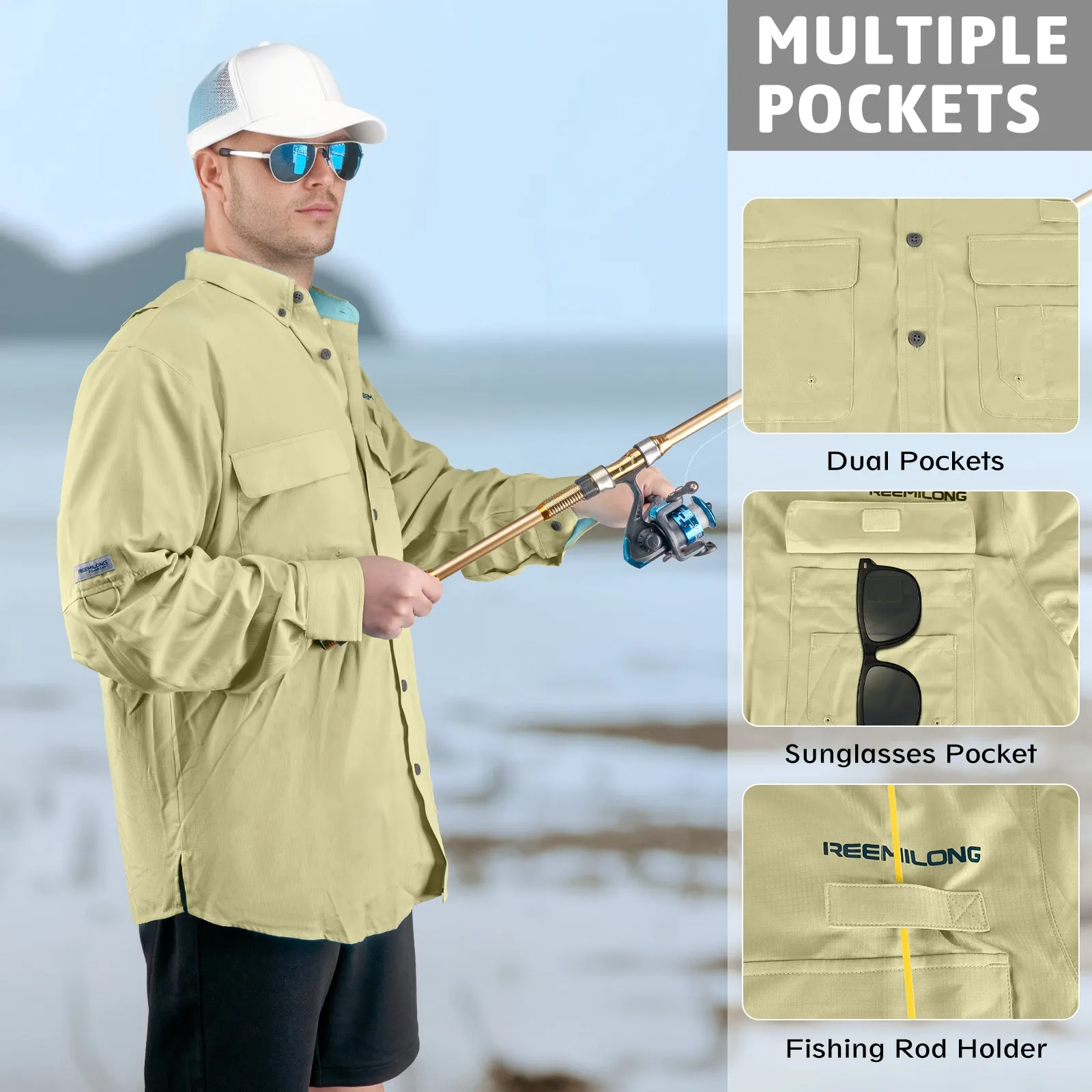TruDave Men's Long Sleeve Fishshirt, Clothing with SPF Sun Protection, Sun Proof UV 50  Protection Sunblock Long Sleeve Fishing Shirts for Men, Performance Fishing Gear Shirts Khaki