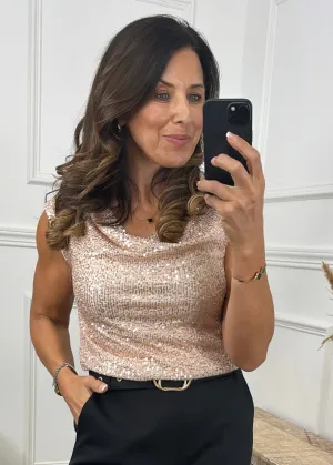 Valerie Champagne Cowl Neck Sequin Top