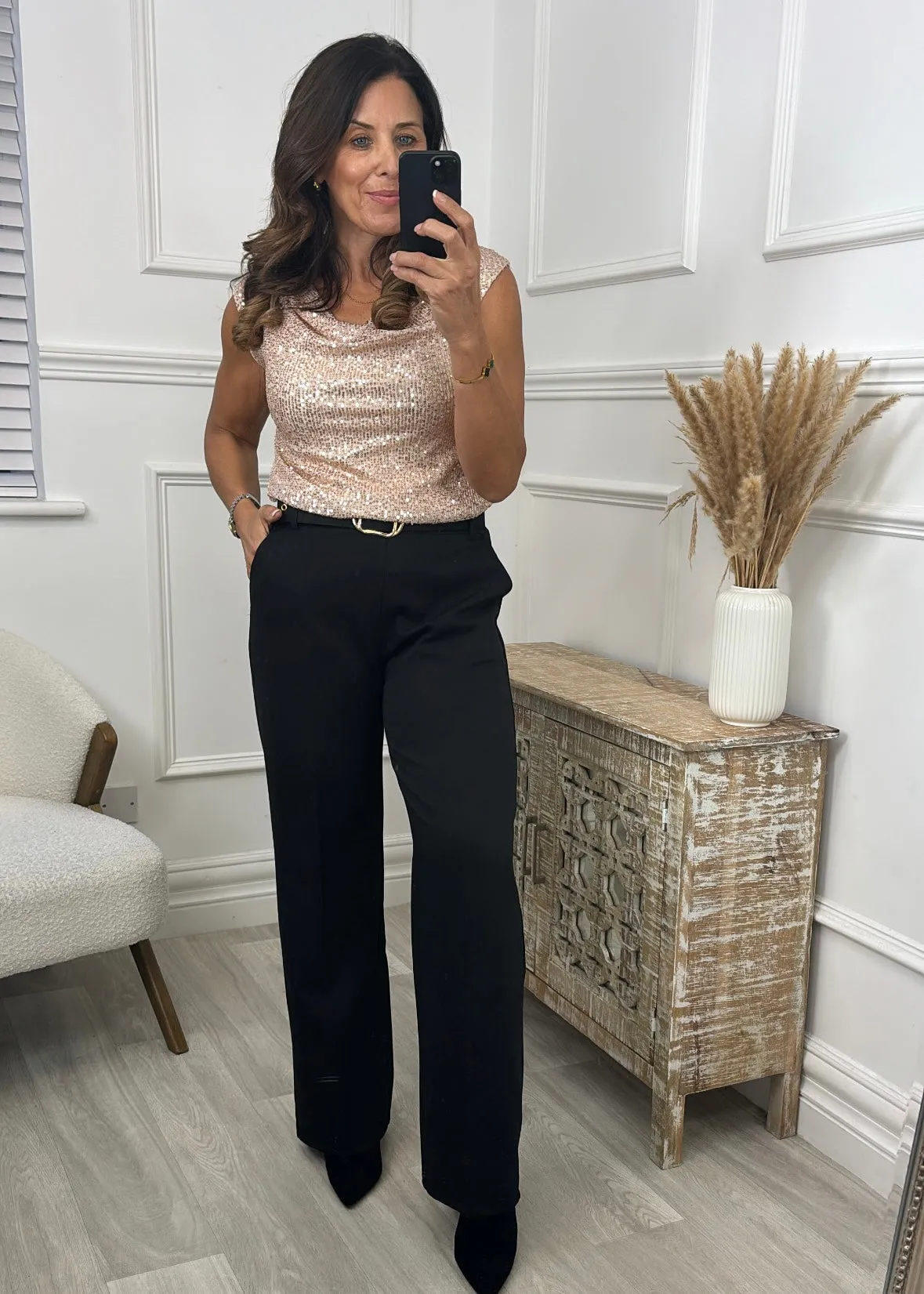 Valerie Champagne Cowl Neck Sequin Top