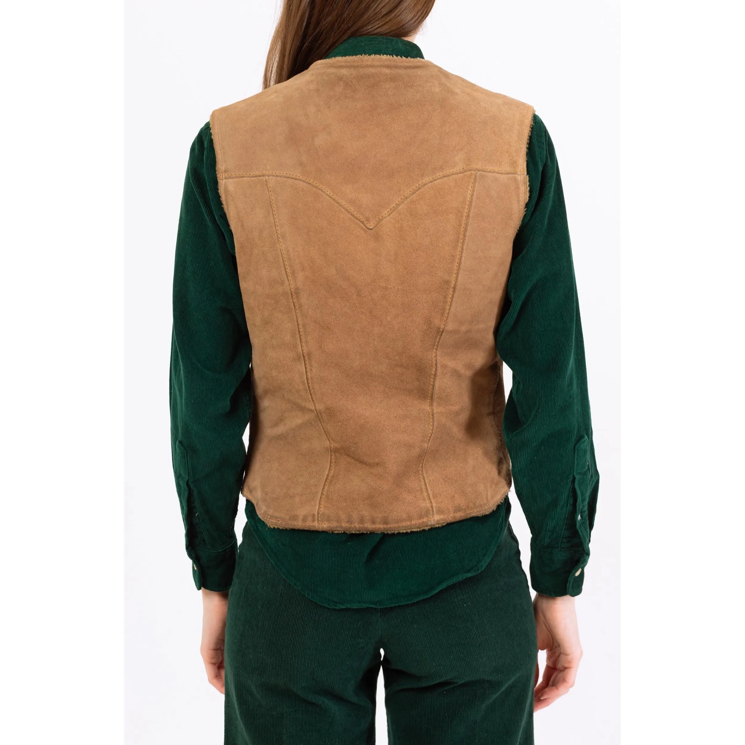 Vintage 70s Tan Suede Leather Snap Up Sherpa Vest - Men's Small, Women's Medium