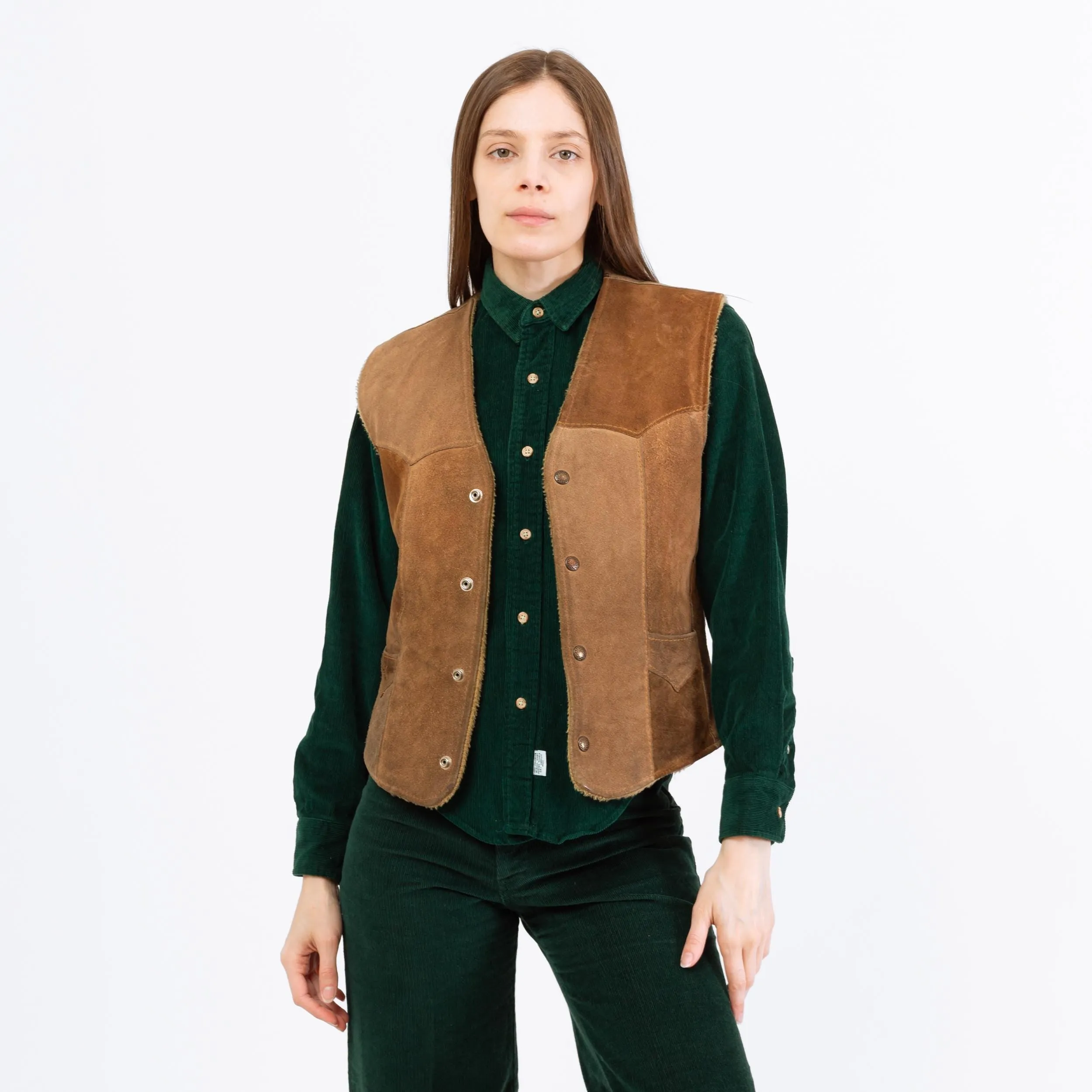 Vintage 70s Tan Suede Leather Snap Up Sherpa Vest - Men's Small, Women's Medium