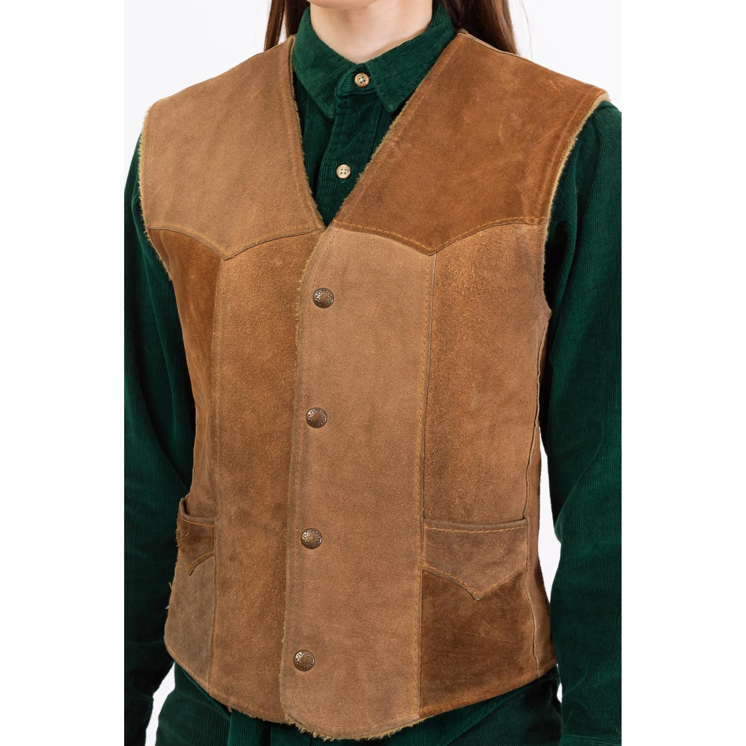 Vintage 70s Tan Suede Leather Snap Up Sherpa Vest - Men's Small, Women's Medium