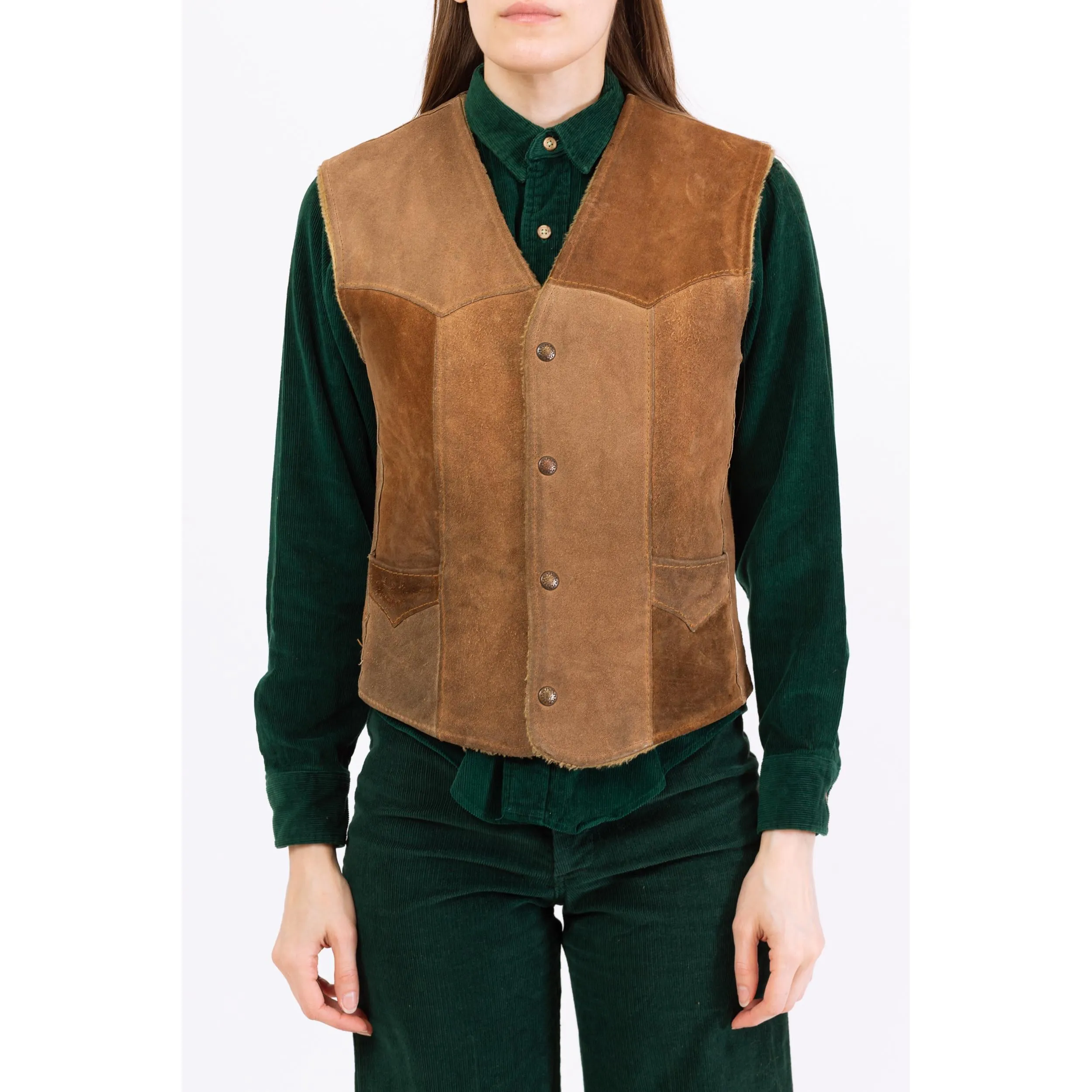 Vintage 70s Tan Suede Leather Snap Up Sherpa Vest - Men's Small, Women's Medium