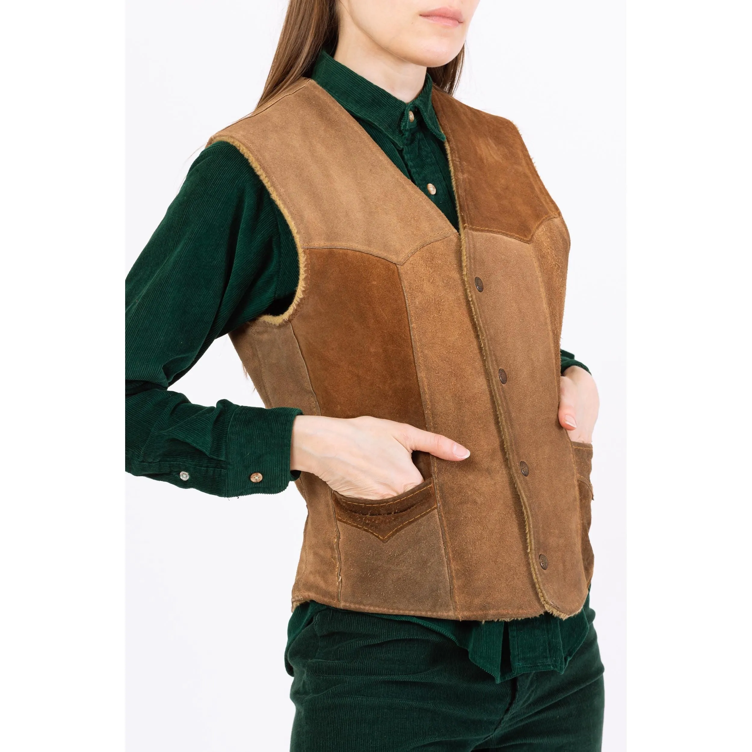 Vintage 70s Tan Suede Leather Snap Up Sherpa Vest - Men's Small, Women's Medium