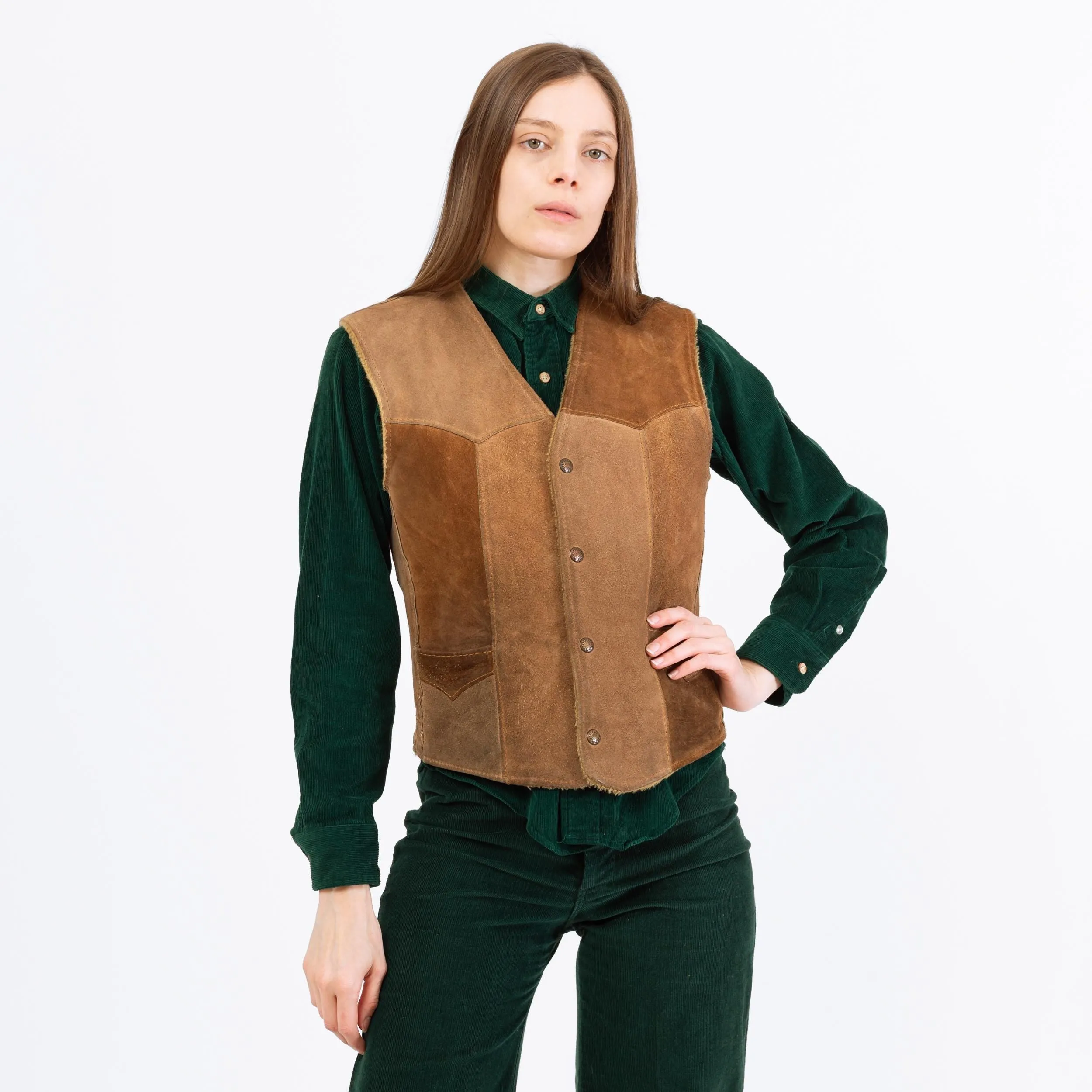 Vintage 70s Tan Suede Leather Snap Up Sherpa Vest - Men's Small, Women's Medium