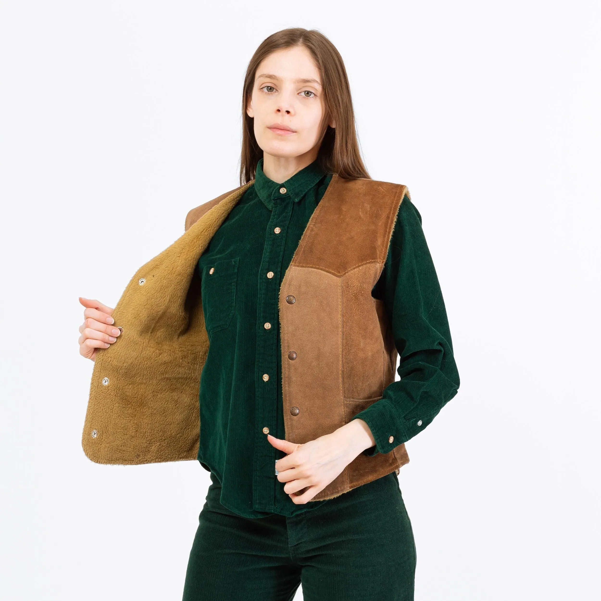 Vintage 70s Tan Suede Leather Snap Up Sherpa Vest - Men's Small, Women's Medium