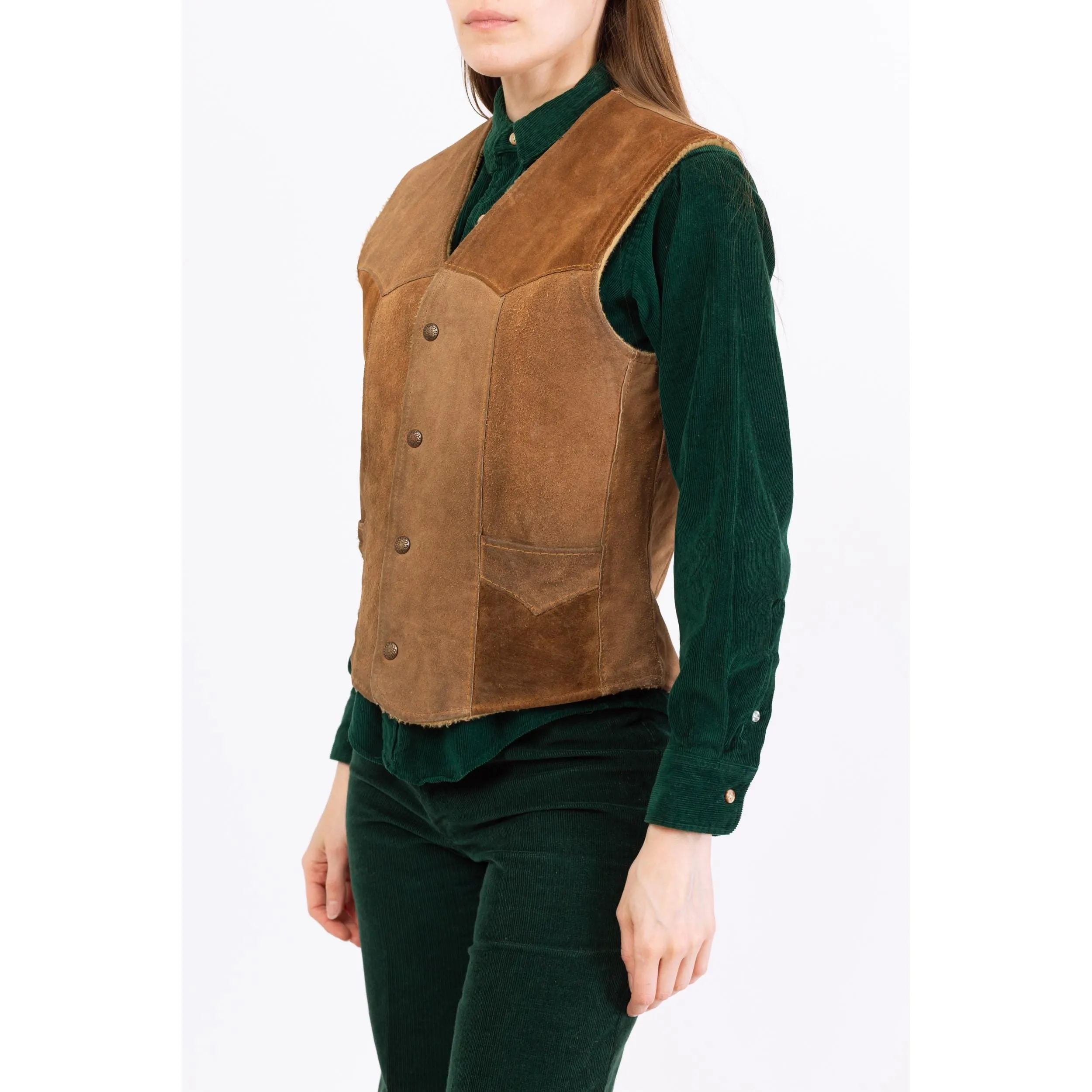 Vintage 70s Tan Suede Leather Snap Up Sherpa Vest - Men's Small, Women's Medium