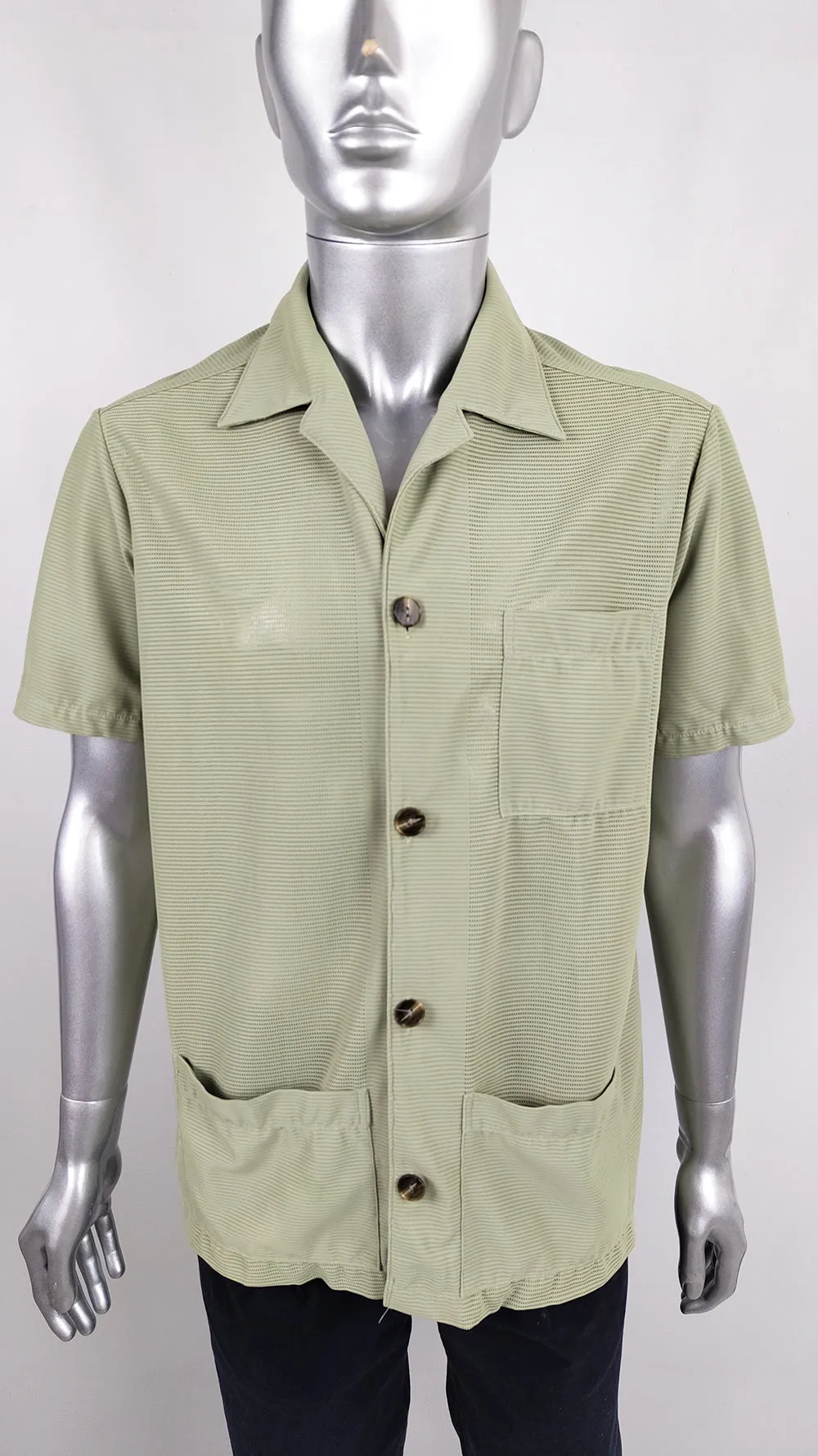 Vintage Mens Green Khaki Mesh Safari Shirt, 1960s