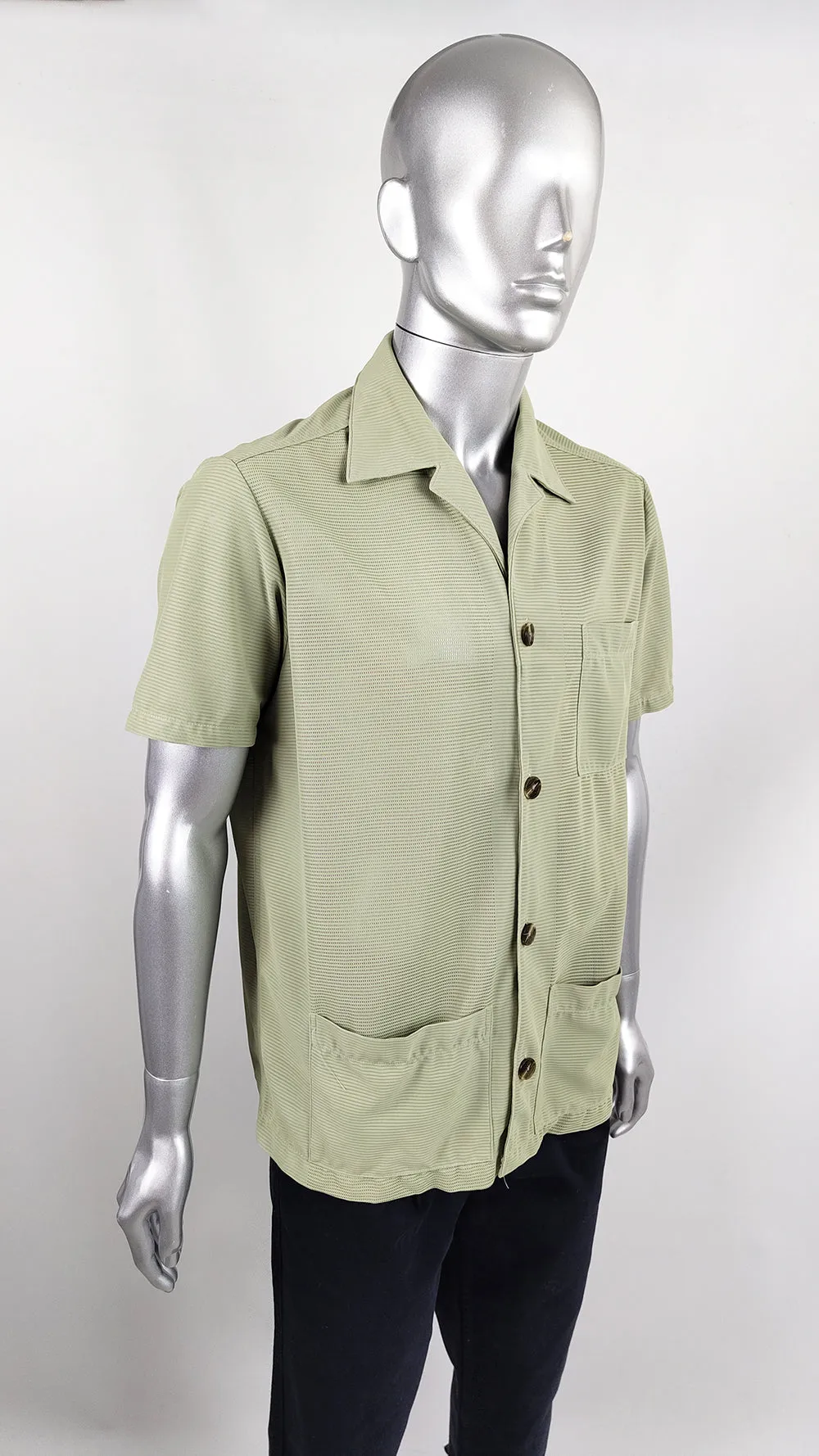 Vintage Mens Green Khaki Mesh Safari Shirt, 1960s