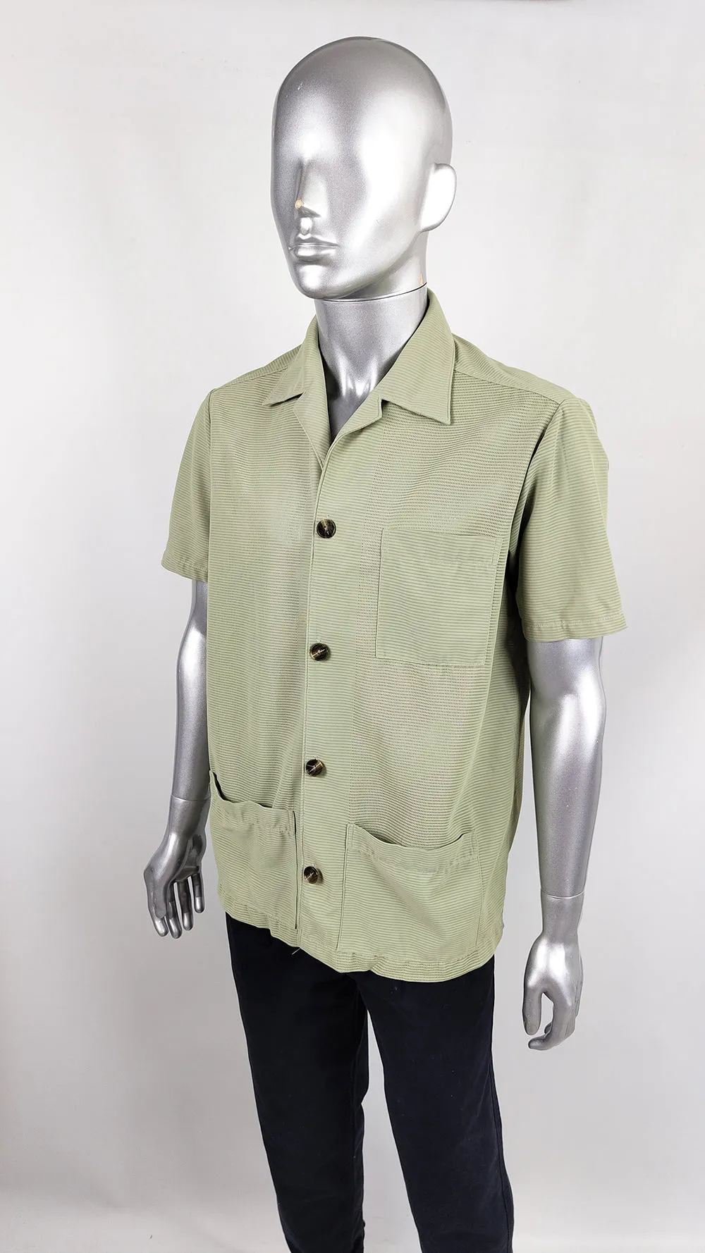 Vintage Mens Green Khaki Mesh Safari Shirt, 1960s