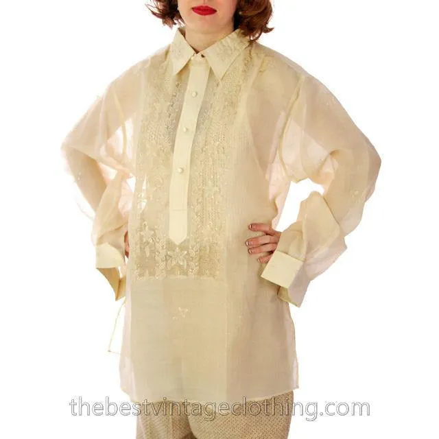 Vintage Mens Manila Shirt 1920s Embroidered Silk Organdy Tesoros