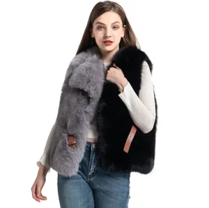 Women Real Fox Fur Vest Mixed Black and Grey Gilets Belt Winter Waistcoat