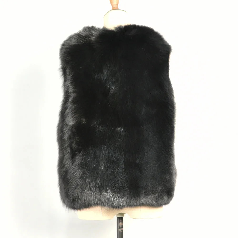 Women Real Fox Fur Vest Mixed Black and Grey Gilets Belt Winter Waistcoat
