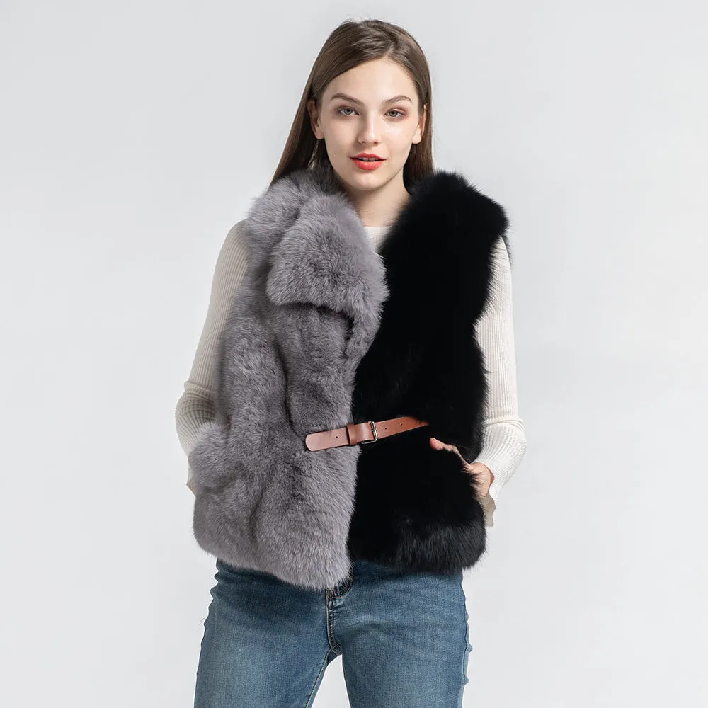 Women Real Fox Fur Vest Mixed Black and Grey Gilets Belt Winter Waistcoat