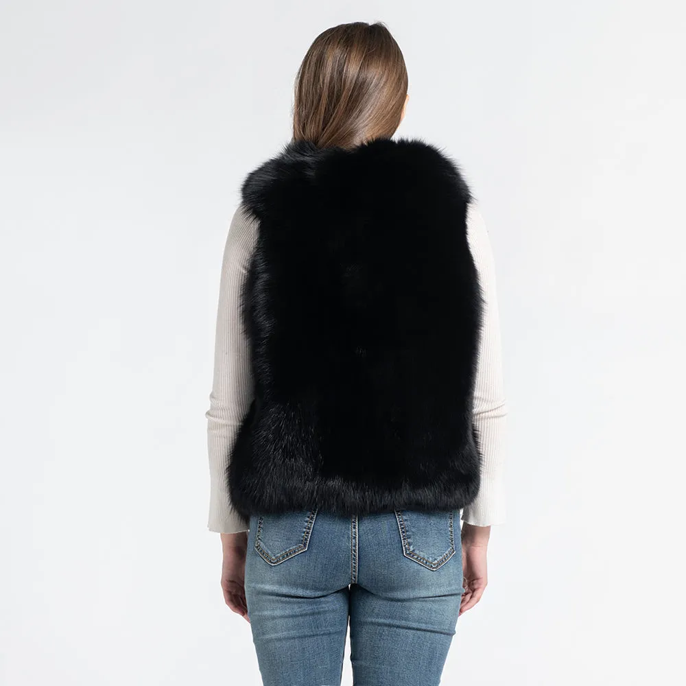 Women Real Fox Fur Vest Mixed Black and Grey Gilets Belt Winter Waistcoat