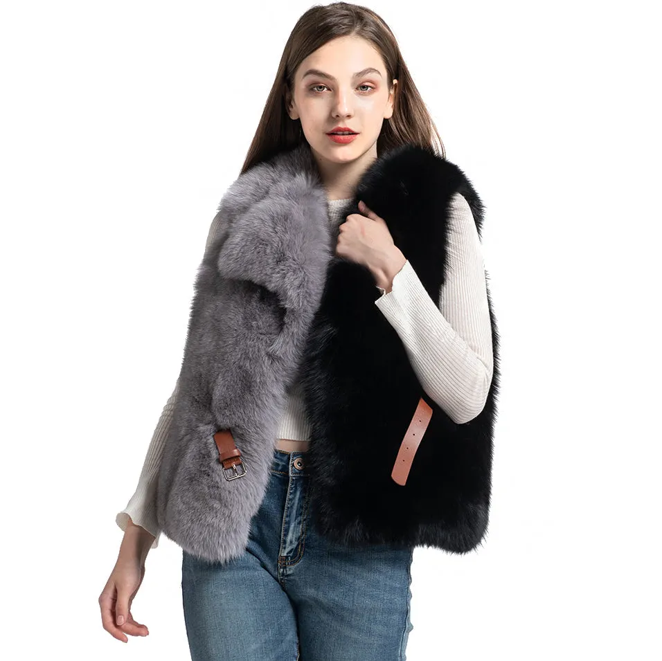 Women Real Fox Fur Vest Mixed Black and Grey Gilets Belt Winter Waistcoat