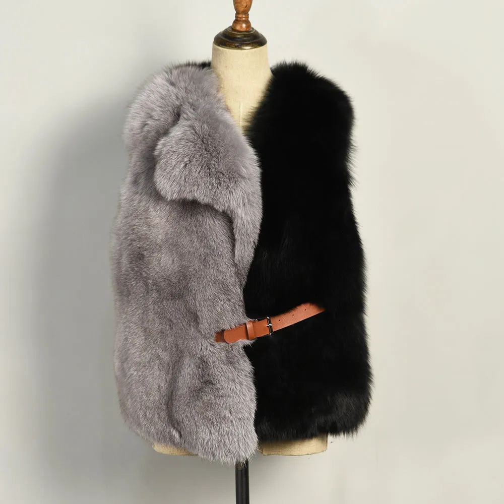 Women Real Fox Fur Vest Mixed Black and Grey Gilets Belt Winter Waistcoat