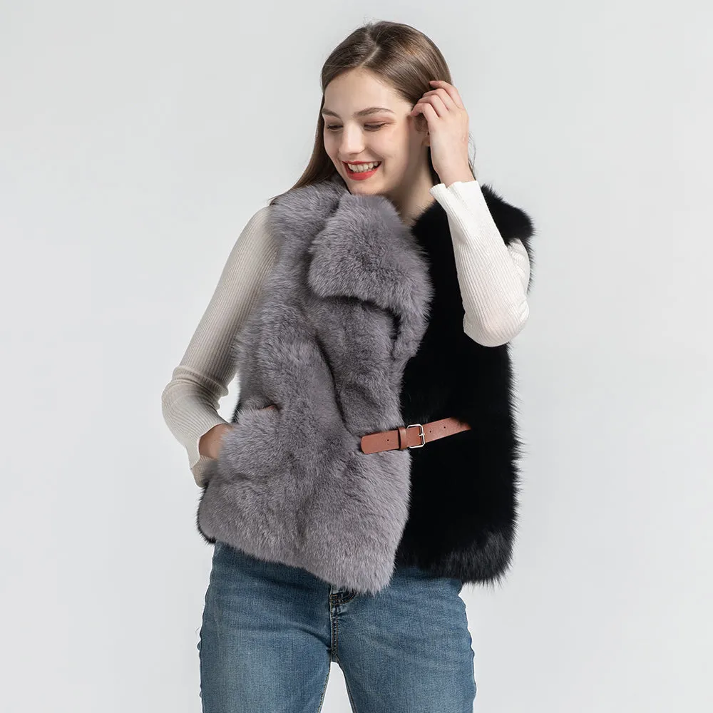 Women Real Fox Fur Vest Mixed Black and Grey Gilets Belt Winter Waistcoat