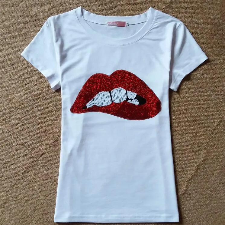 Women Sequins Lips Round Neck Short-sleeved T-shirt