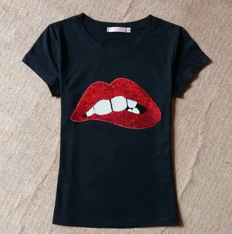 Women Sequins Lips Round Neck Short-sleeved T-shirt