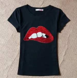Women Sequins Lips Round Neck Short-sleeved T-shirt