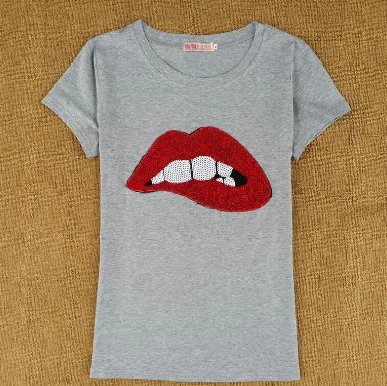 Women Sequins Lips Round Neck Short-sleeved T-shirt
