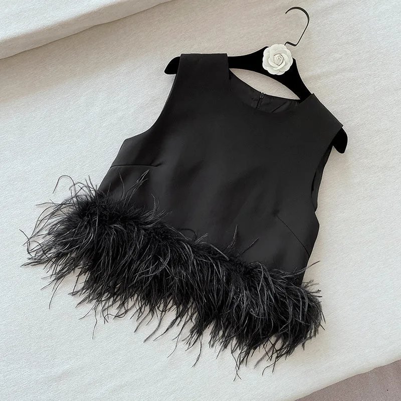 Women's Ostrich Feather Top Fur Trim Tassel Vest Sleeveless Waistcoat Summer T-shirt
