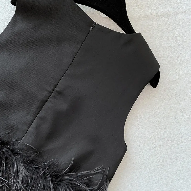 Women's Ostrich Feather Top Fur Trim Tassel Vest Sleeveless Waistcoat Summer T-shirt