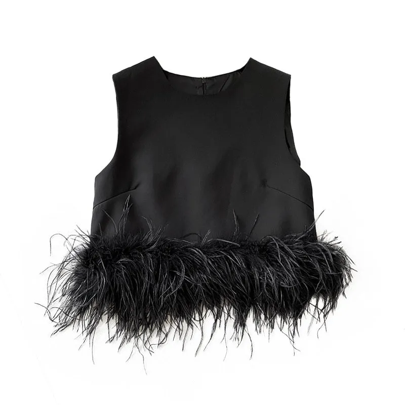 Women's Ostrich Feather Top Fur Trim Tassel Vest Sleeveless Waistcoat Summer T-shirt