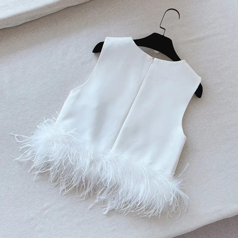 Women's Ostrich Feather Top Fur Trim Tassel Vest Sleeveless Waistcoat Summer T-shirt