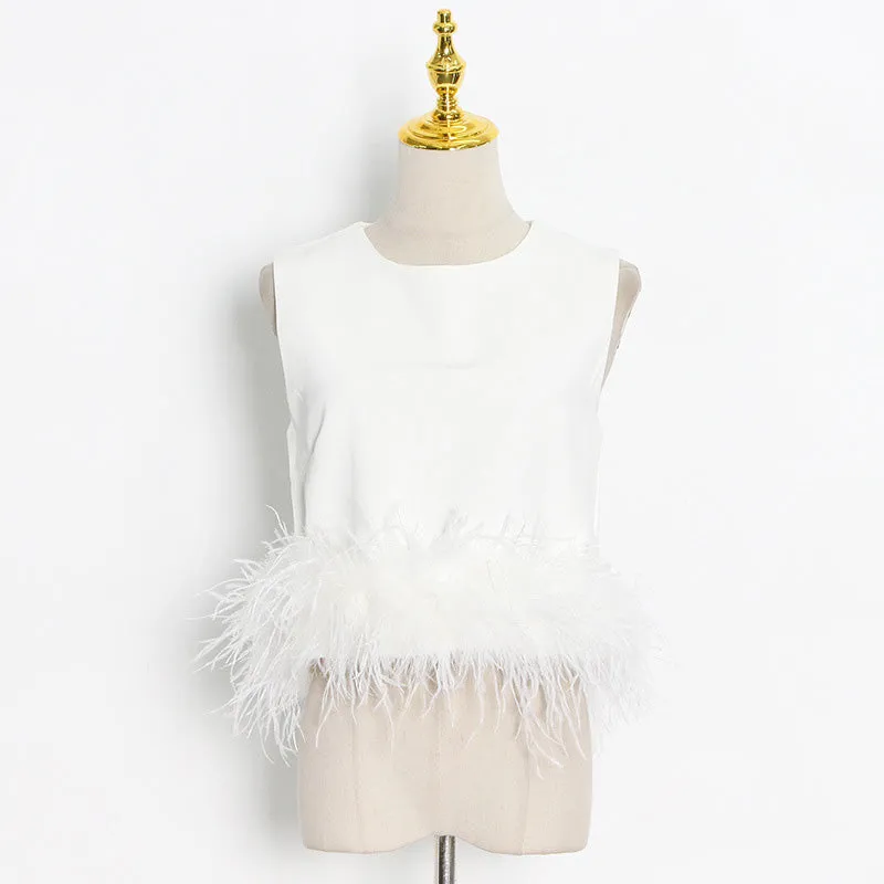 Women's Ostrich Feather Top Fur Trim Tassel Vest Sleeveless Waistcoat Summer T-shirt