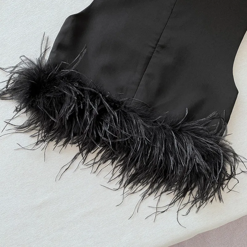 Women's Ostrich Feather Top Fur Trim Tassel Vest Sleeveless Waistcoat Summer T-shirt