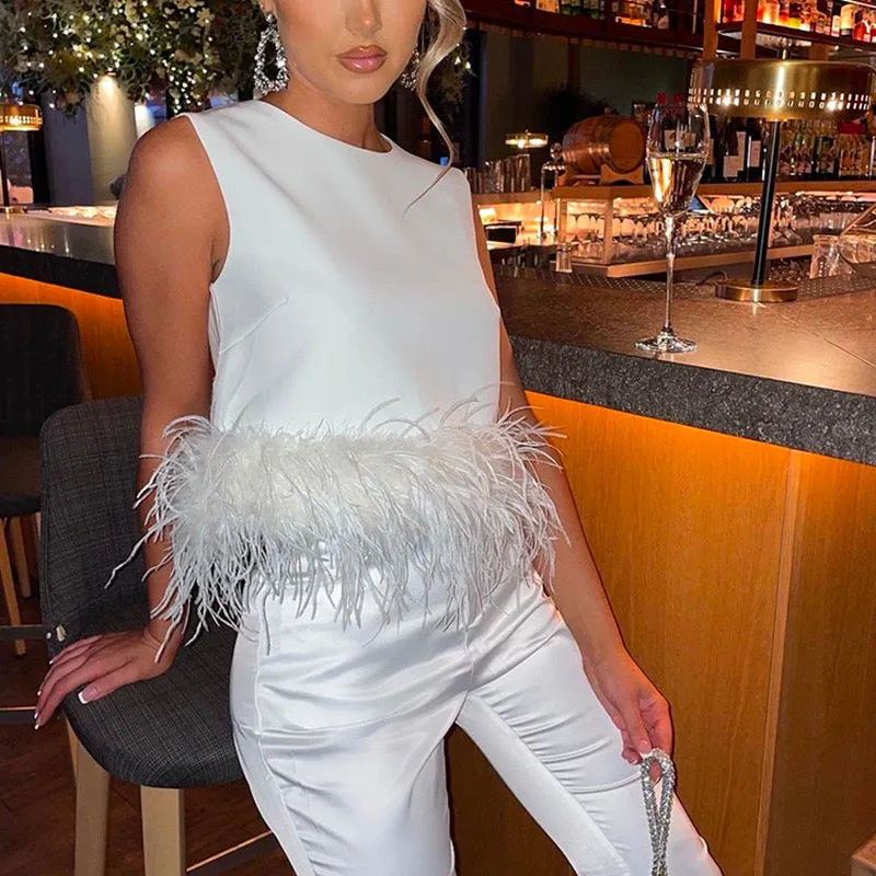 Women's Ostrich Feather Top Fur Trim Tassel Vest Sleeveless Waistcoat Summer T-shirt