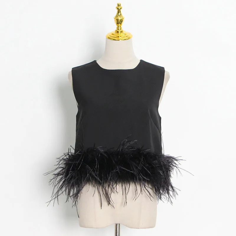 Women's Ostrich Feather Top Fur Trim Tassel Vest Sleeveless Waistcoat Summer T-shirt