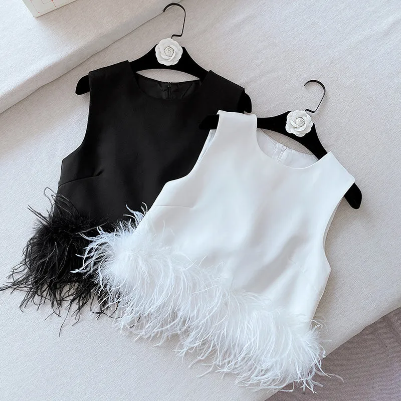 Women's Ostrich Feather Top Fur Trim Tassel Vest Sleeveless Waistcoat Summer T-shirt